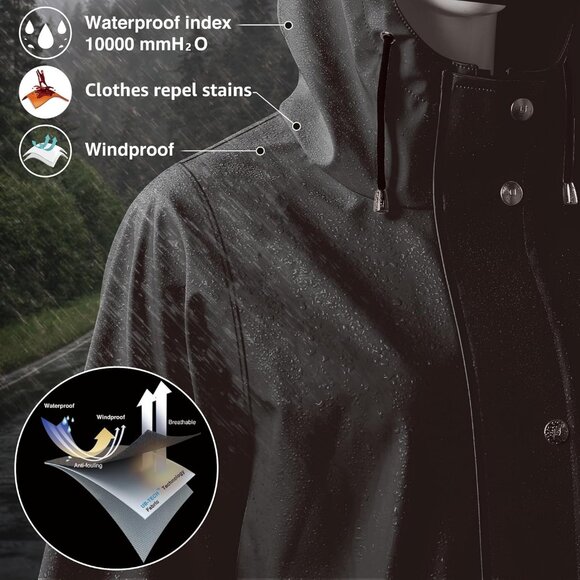 Women’s Upgrade Black Waterproof Rain Jackets Hooded Long Raincoat & Windbreaker - Picture 3 of 5